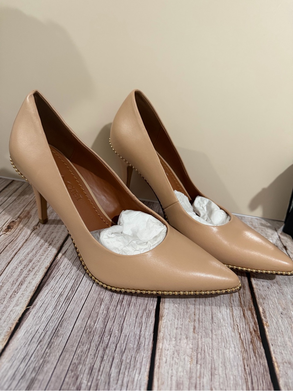 Coach Beige Pointed Toe Leather High Heels with Gold Bead Trim